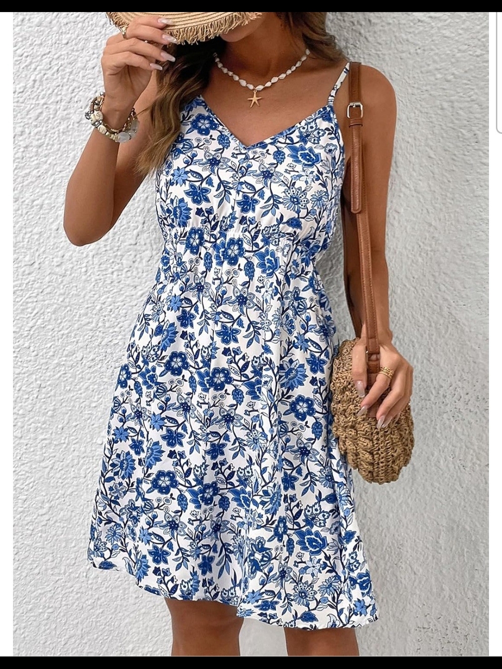White & Blue Floral Spaghetti-Strap Mini Dress
